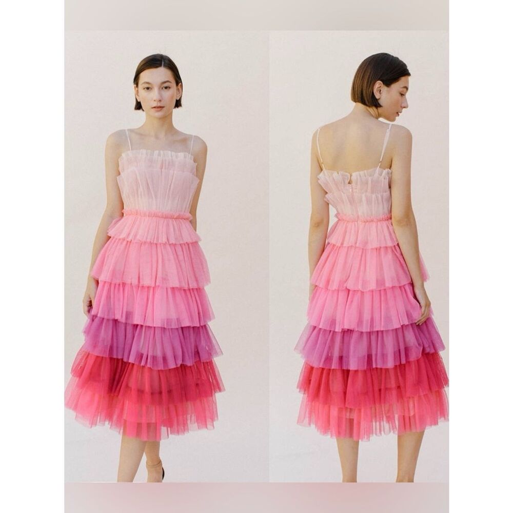 BNWT Storia Pink Purple Ombré Tulle Midi Dress XS Girly Barbiecore Glam Whimsy